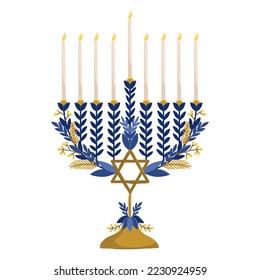 Floral menorah vector illustration. Jewish symbol clipart. Hanukkah holidays