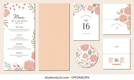 Floral menu suite in warm colors perfect for an autumn or summer wedding and birthday invitations.