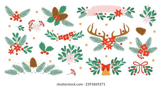 Floral Merry Christmas ornaments with spruce branches, fir twigs, cones and mistletoe vector illustration. Elegant winter holiday decoration with pine stems and horns, jingle bell and textile bow