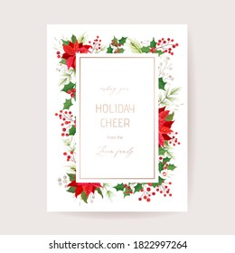 Floral Merry Christmas Poinsettia Flowers, New Year 2021 Card, Pine Wreath, Mistletoe, Holly Berry, Winter plants design illustration for greetings, invitation 2020, flyer, brochure, cover in vector