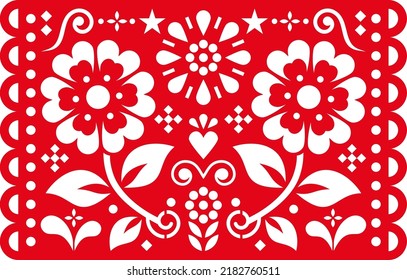 Floral Mexican Papel Picado vector design with floral pattern inspired by traditional fiesta cut out decorations from Mexico. Traditional party Mexican folk art background with floral motif, leaves