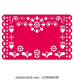 Floral Mexican Papel Picado vector template design with floral pattern and empty space for text inspired by traditional fiesta cut out decorations from Mexico. Cool party Mexican folk art background 