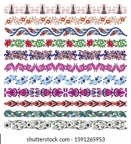 Floral Middle Asian Arabian national Islamic ornaments. Set of muslim seamless borders and dividers for covers, certificates or diplomas. Colorful decor in arabesque, boho style for custom design. 