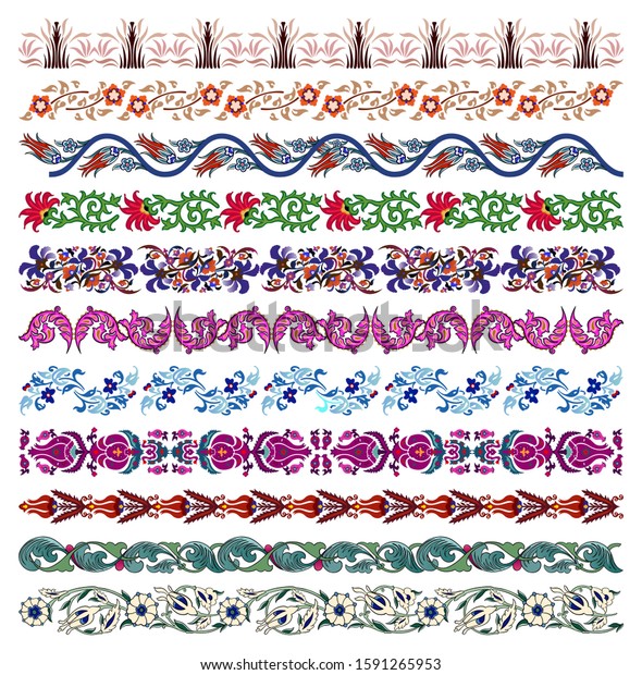 Floral Middle Asian Arabian national Islamic ornaments.\
Set of muslim seamless borders and dividers for covers,\
certificates or diplomas. Colorful decor in arabesque, boho style\
for custom design. 