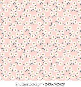 Floral millefleur seamless pattern. Cute boho tiny flower ornament on pink backdrop. Naive art meadow flowers background. Doodle style vector illustration for textile, wallpaper, wrapping paper.
