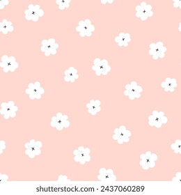 Floral millefleur seamless pattern. Cute boho tiny flower ornament on pink backdrop. Naive art meadow flowers. Doodle style vector illustration for textile, wallpaper, wrapping paper.