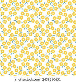 Floral millefleur seamless pattern. Cute tiny yellow flower ornament. Naive art meadow flowers background. Doodle style vector illustration for textile, wallpaper, wrapping paper.
