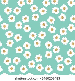 Floral millefleur seamless pattern. Cute boho tiny flower ornament on green backdrop. Naive art meadow flowers background. Doodle style vector illustration for fabric, wrapping paper, card.
