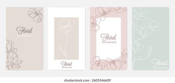 Floral Minimal Abstract Cards Set for Spring Design. Contemporary Print Design with Flowers Minimalistic Style. Fashionable Template for Spring Design, Poster, Cover, Banner.