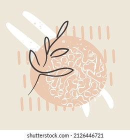 Floral minimal abstract shapes decorative background. Hand drawn line wild flower and abstract blob shapes, plant