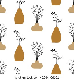 Floral minimal seamless pattern. Modern art aesthetic vases and plants in pots endless background. Mid century botanical texture. Elegant classic vector classic textile, fabric, bold surface design.