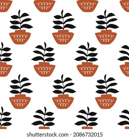 Floral minimal seamless pattern. Modern art aesthetic vases and plants in pots endless background. Mid century botanical texture. Elegant classic vector classic textile, fabric, bold surface design.