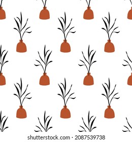 Floral minimal seamless pattern. Modern art aesthetic vases and plants in pots endless background. Mid century botanical texture. Elegant classic vector classic textile, fabric, bold surface design.