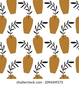 Floral minimal seamless pattern. Modern art aesthetic vases and plants in pots endless background. Mid century botanical texture. Elegant classic vector classic textile, fabric, bold surface design.