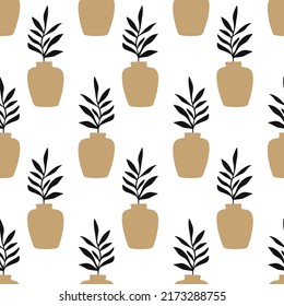 Floral minimal seamless pattern. Modern art aesthetic vases and plants in pots endless background. Mid century botanical texture. Elegant classic vector classic textile, fabric, bold surface design.