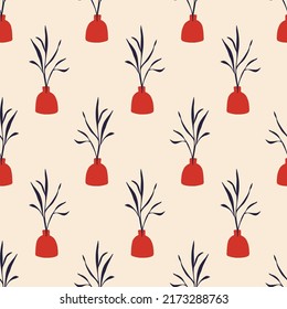 Floral minimal seamless pattern. Modern art aesthetic vases and plants in pots endless background. Mid century botanical texture. Elegant classic vector classic textile, fabric, bold surface design.