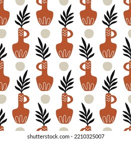 Floral minimal seamless pattern. Modern art aesthetic vases and plants in pots endless background. Mid century botanical texture. Elegant classic vector classic textile, fabric, bold surface design.