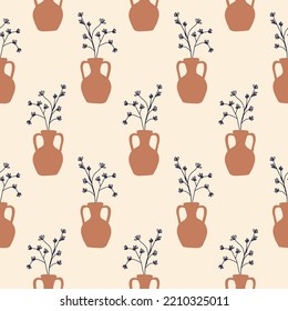 Patrón floral mínimo sin fisuras. Jarrones estéticos de arte moderno y plantas en macetas de fondo interminable. Textura botánica de mediados del siglo. Elegante vectorial clásico textil, tejido, diseño de superficie negrita.