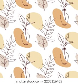Floral minimal seamless pattern. Modern art aesthetic vases and plants in pots endless background. Mid century botanical texture. Elegant classic vector classic textile, fabric, bold surface design.