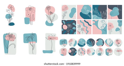 Mínimo sistema de medios sociales florales. Flor silvestre de línea dibujada a mano y formas abstractas de blobs, plantilla floral moderna para posts, notas destacadas e historias. Ilustración botánica vectorial colores azul rosado