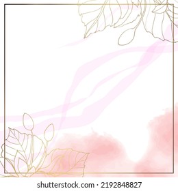 Floral minimal square background. For use in social networks. Watercolor gold pink background. Vector illustration.