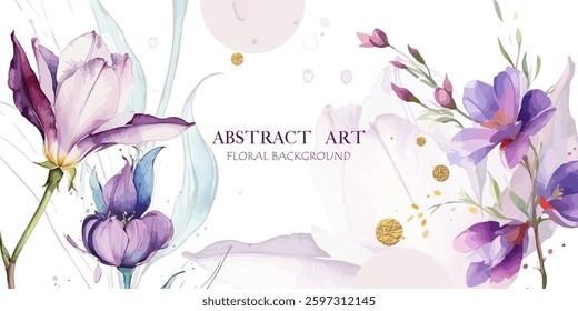 Floral Minimal Watercolor Background for Spring Design. Botanical Contemporary Design with Spring Flowers Minimalistic Paint Style. Fashionable Template for Spring Design, Poster, Cover, Banner.