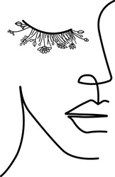 Floral Minimal Woman Face. Art Of Half 
 Face. One Line Drawing.