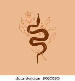 Floral minimalist boho snake art print design.