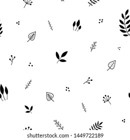 Floral Minimalist Vector Seamless Pattern With Hand Drawn Doodle Elements. Leaves And Berries On The White Background