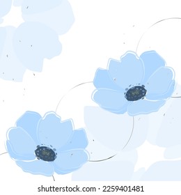 Floral minimalistic background with blue flowers. Delicate watercolor anemones.