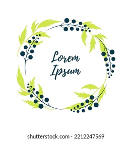 Floral minimalistic frame for text, vector graphics. Hand drawn wreath, branches with leaves and berries. For branding and business identity, social media clipart. Simple illustration, isolated object