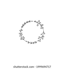 Floral minimalistic icon, vector graphics. Hand drawn wreath, branches with leaves and berries. For branding and business identity, social media clipart. Simple illustration, isolated object.