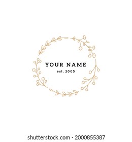 Floral minimalistic logo template, vector graphics. Hand drawn wreath, branches with leaves and berries. For branding and business identity, social media clipart.