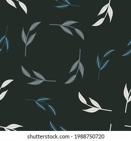 Floral minimalistic seamless pattern with grey, blue and white simple leaf branches shapes. Black background. Perfect for fabric design, textile print, wrapping, cover. Vector illustration.