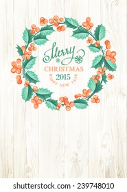 Floral mistletoe frame  with decorative elements on wooden background. Vector illustration.