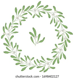 Floral mistletoe frame; round wreath with white mistletoe for greeting cards, invitations, wedding cards, posters, banners, web design.