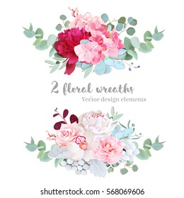 Floral mix wreath vector design set. White and burgundy red peony,pink rose, camellia, succulents, brunia, orchid, hydrangea, eucalyptus. All elements are isolated and editable