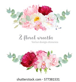 Floral mix wreath vector design set. Pink hydrangea, rose, protea, white and burgundy red peony, orchid, alstroemeria lily, eucalyptus. Stylish horizontal flower banners. All elements are editable.