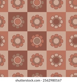 Floral mocha mousse seamless pattern. Geometric brown background with minimalistic repeatable square tile design with flower. Vector illustration. Minimal botanical print in color of year 2025