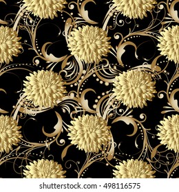 Floral moder vector seamless pattern background wallpaper illustration with 3d gold vintage chrysanthemum flowers,leaves and ornaments.Decor elements with shadows  and highlights.Endless texture