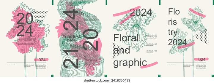 Banner floral moderno con diseño moderno de tipografía minimalista. Plantillas de afiches con siluetas gráficas de iris florecientes, cuadrículas geométricas abstractas con ondas, elementos de texto. Ilustración vectorial.