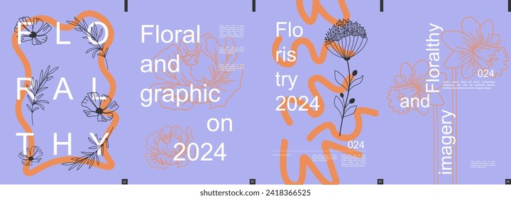 Floral modern banner with trendy minimalistic typography design. Poster templates with leaves, flowers twigs, peony and narcissus silhouettes, abstract wavy lines, text elements. Vector illustration.