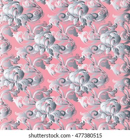 Floral modern baroque vector seamless pattern wallpaper with white antique decorative volumetric 3d flowers , leaves and ornaments on the light pink background. Endless luxury elegant texture. 