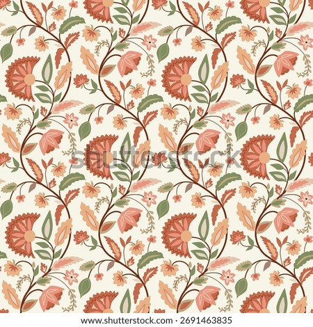 Floral modern boho floral seamless pattern. Hand drawn curve flowers, leaves in damask ornament, Morris wallpaper. Vector beige Indian botanical textile design, ethnic repeat background, print, wrap
