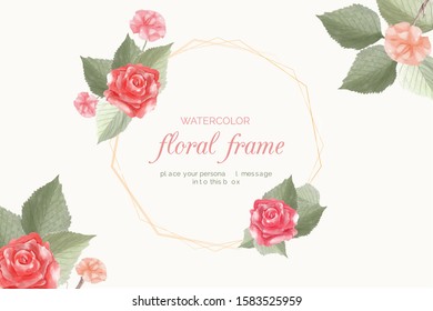 Floral modern frame with watercolor roses and carnation - wedding invitation