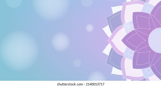 Floral y moderno patrón de mandala en un fondo borroso. Meditación horizontal zen y banner tranquilo de yoga con espacio para copiar tu texto.