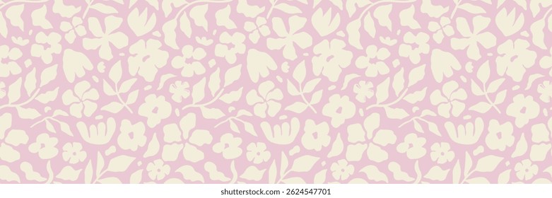 Floral modern seamless pattern. Cute botanical shapes, random childish doodle cutouts of tropical leaves, flowers, and branches, decorative abstract art vector illustration. Pink flower background 