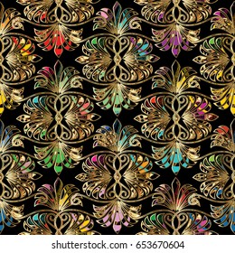 Floral modern seamless pattern, Luxury black background wallpaper illustration with vintage colorful beautiful elegant flowers, swirl leaves and stylish elegance ornament. Gold outline. Vector texture