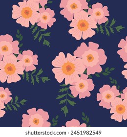 Patrón floral moderno sin costuras con flores rosas sobre un fondo azul. Vector.