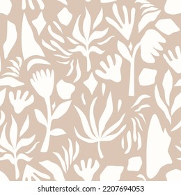  Floral monochrome abstract seamless design on beige background.